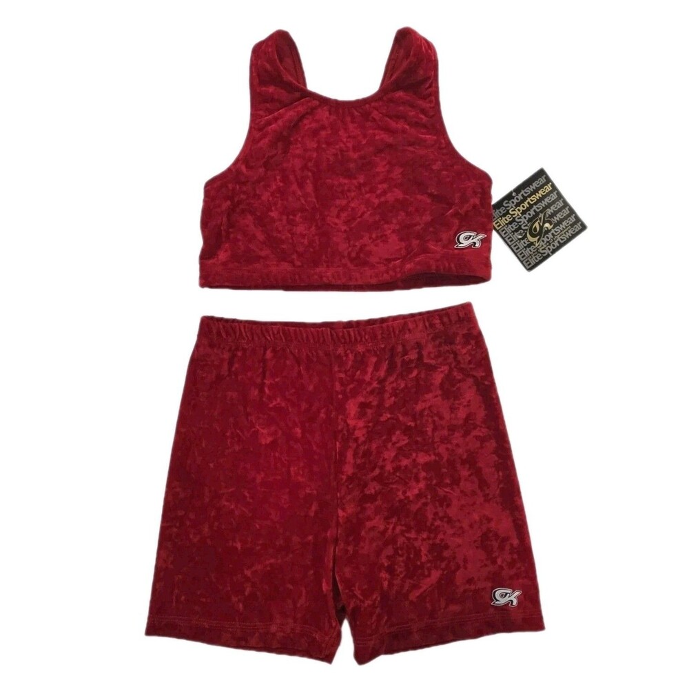 GK Elite VTG Crushed Velvet 2pc Dance Gymnastics Shorts Sports Bra Set Logo AXL